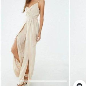 Beige / Tan Wrap Linen Slit Jumpsuit Size Small